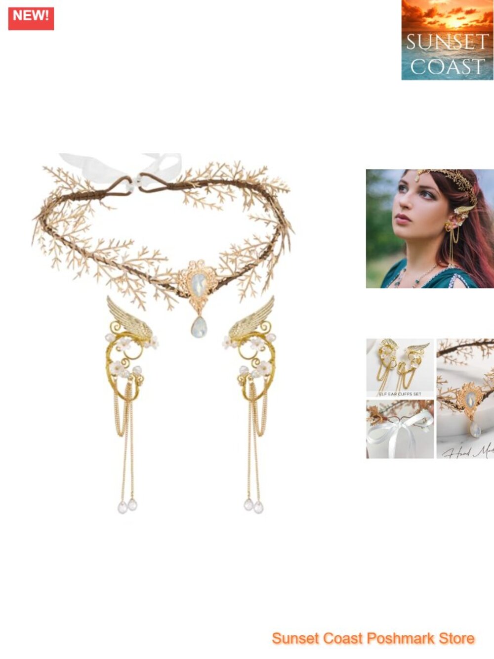 Fairy Flower Hairband Elf Ears Set Metal Wing Ear Cuffs Cosplay Headpiece
